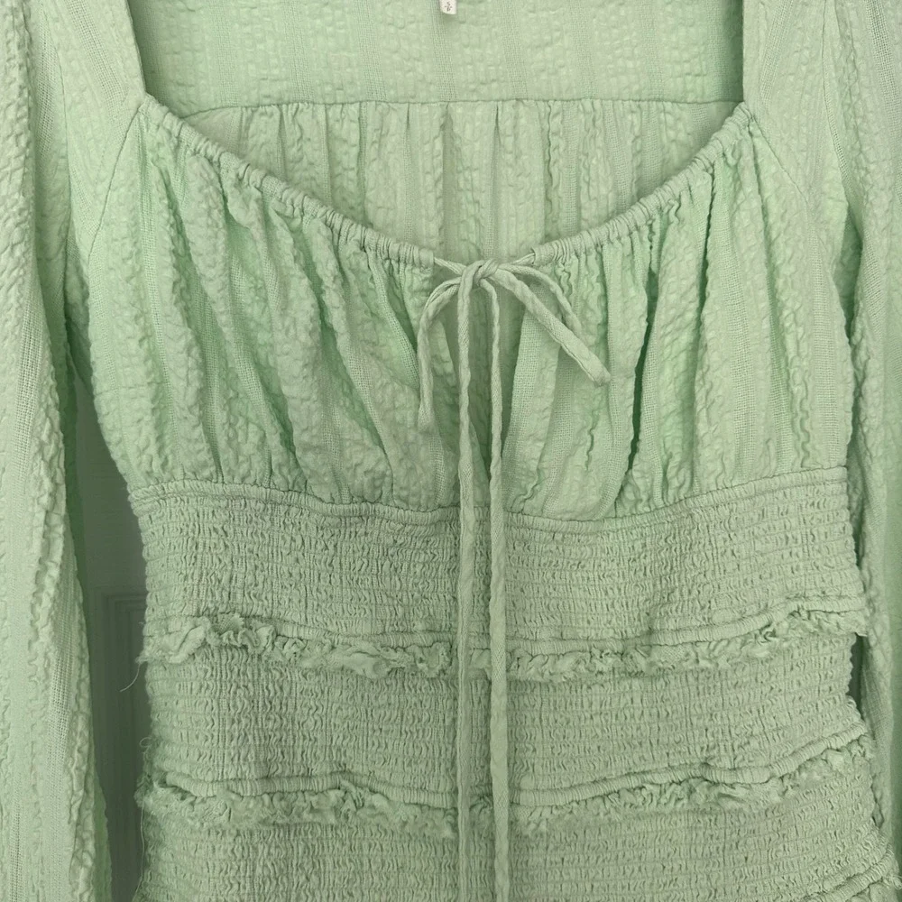 Free People 100%‎ Cotton Green Puff Sleeve Smocked Lolita Peasant Top Size Small